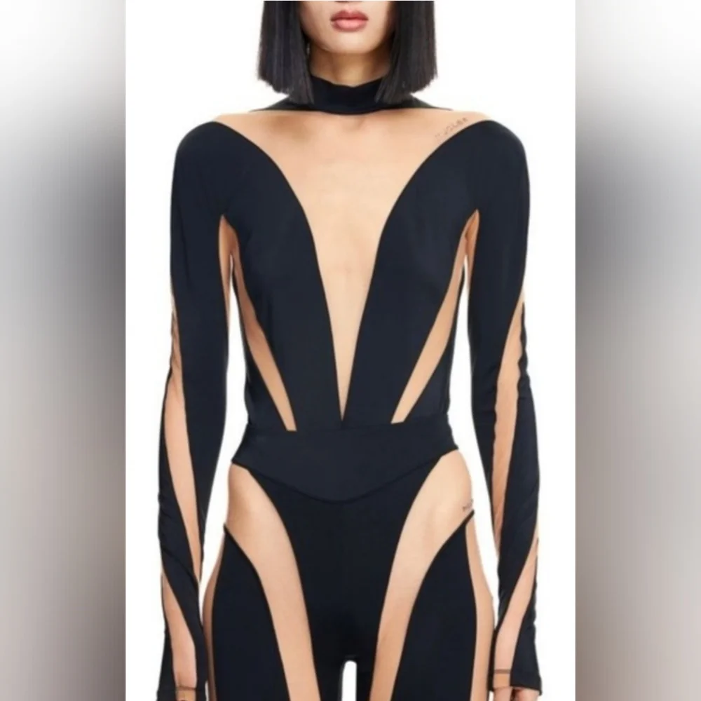 NWT HM X Mugler Mesh-paneled Bodysuit, sz XS - Picture 2 of 6